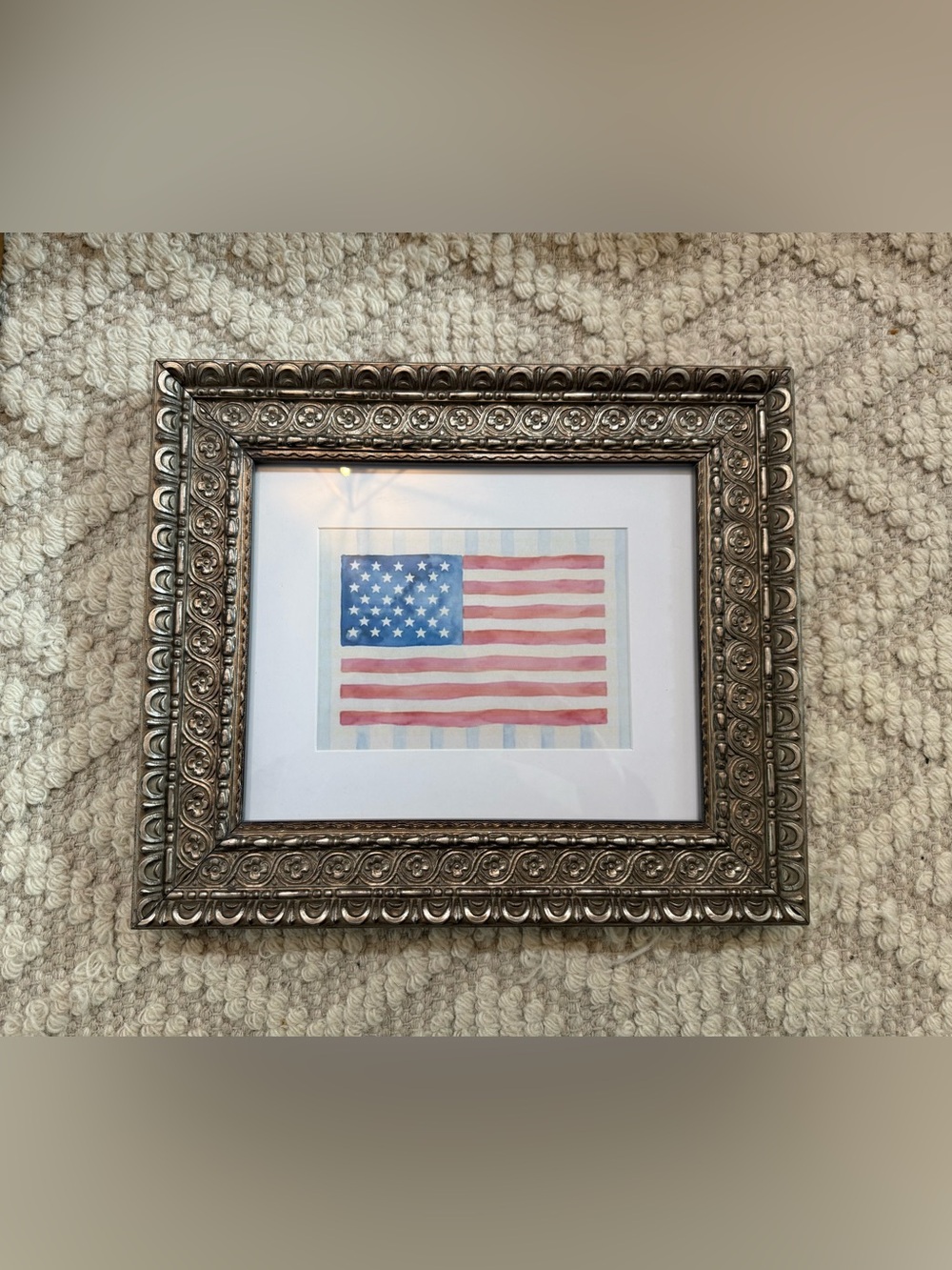 FRAMED AMERICAN FLAG WATERCOLOR PRINT,  13 5/8” x 11 3/4”